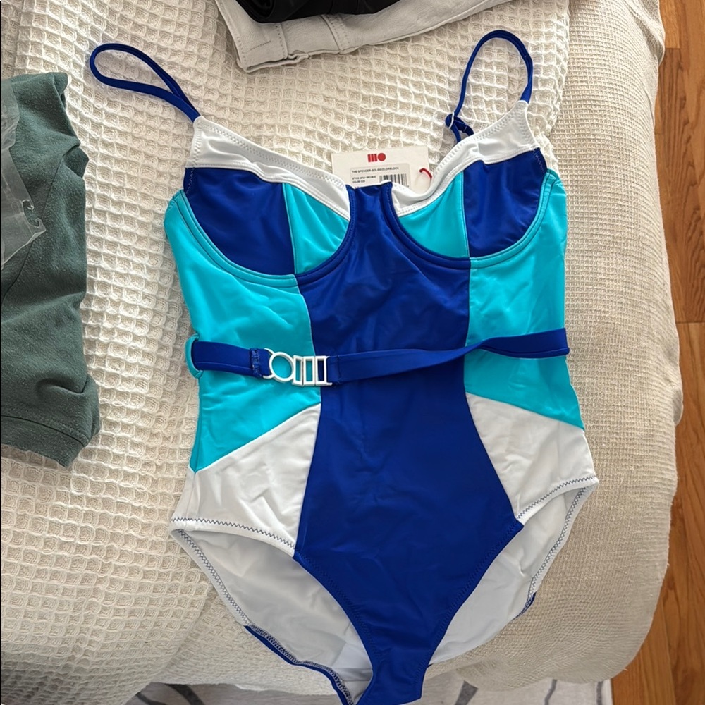SOLID & STRIPED Blue and White One Piece Swimsuit with Bustier Top